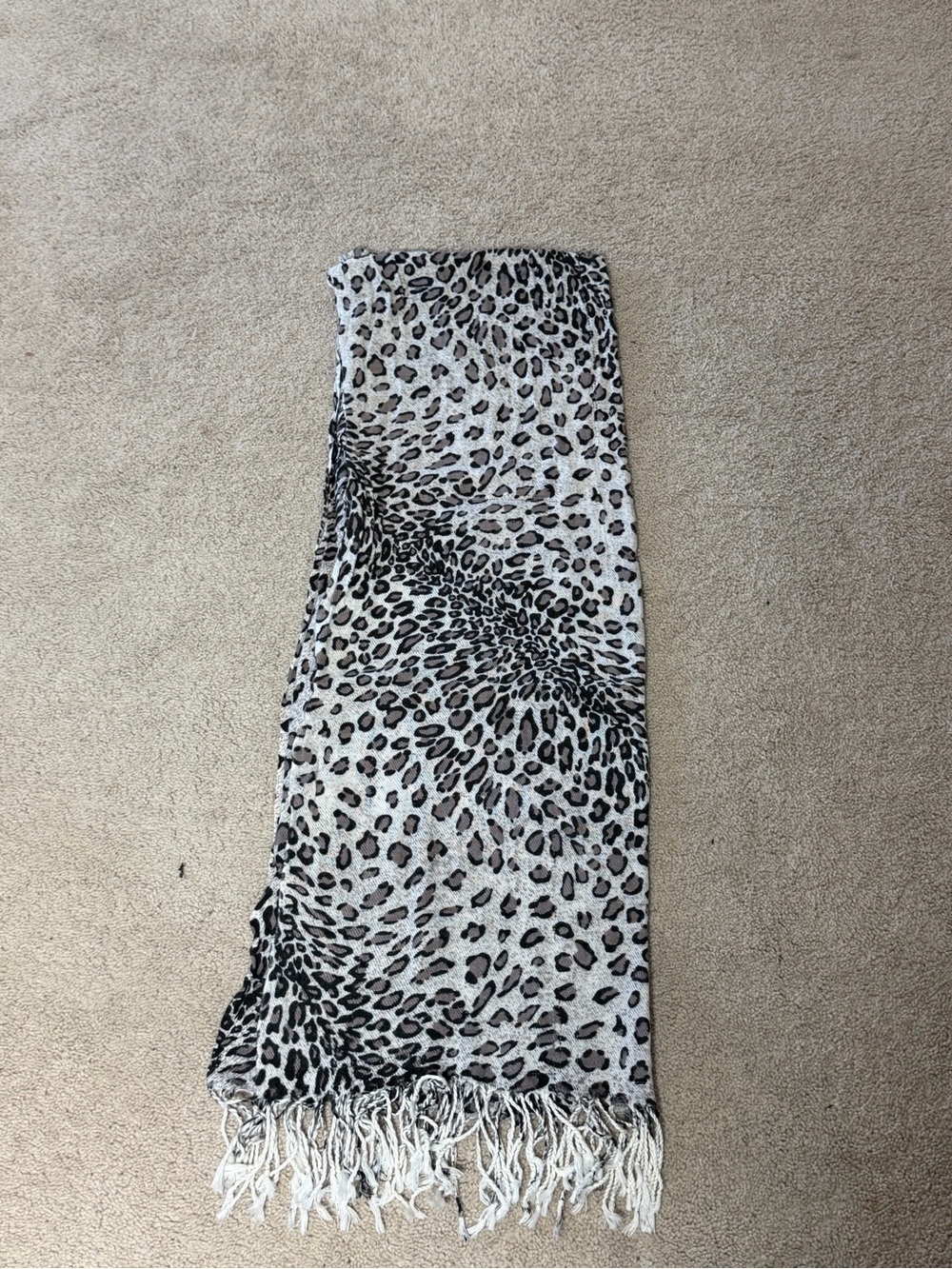 Gray Black Animal Print Scarf With Fringe Lightweight Wrap 76x26